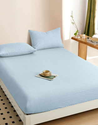 Простыня на резинке, с высотой борта 25 см "boiled cotton" - Вареный (стираный) хлопок» голубой